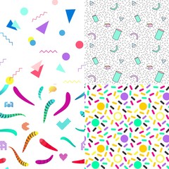 Fototapeta na wymiar A set of summer seamless multicolor memphis patterns. Can be used for embroidery, print or silkscreen on fabric textile.