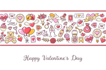 Fototapeta na wymiar Background template for Valentine's Day celebration with lovely elements and title. Collection of isolated Love Celebration objects. Cute birds, hearts, sweets, gifts and more. Vector illustration.