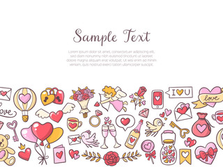Background template for Valentine's Day celebration with lovely elements and Sample text. Collection of isolated Valentine's Day objects. EPS10 vector illustration.