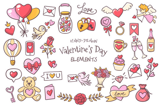 Set of cute hand drawn elements about love. Beautiful design elements isolated on white. Happy Valentine's Day background. EPS 10 vector illustration.