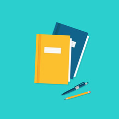 Flat design notepad and paper sheets isolated on white background whit place for text. School vector background with an open notebook.