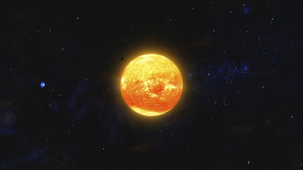 Space debris and gas planet orbiting red star. Outer Space, Cosmic Art and Science Fiction Concept.