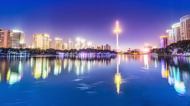 Cityscape of Shenyang. Located in Youth Park (Qingnian Park), Shenyang downtown, Liaoning, China.