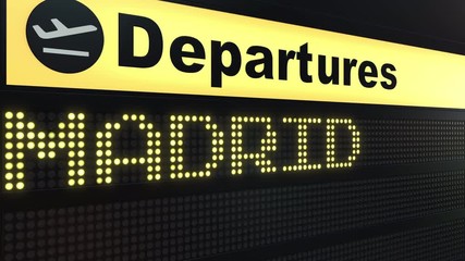 Flight to Madrid on international airport departures board. Travelling to Spain conceptual intro animation