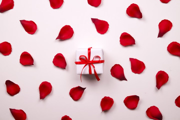 Beautiful bright red rose petals on solid white background. Happy valentines day oliday sales concept.