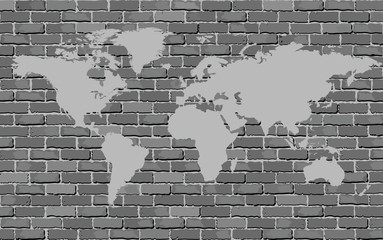 Black and white World map on a brick wall - vector image,  
Brick wall texture background Soft tone gray color with world map