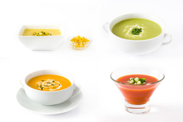 Different soup collage. Gazpacho soup, corn soup, zucchini soup and pumpkin soup on white background

