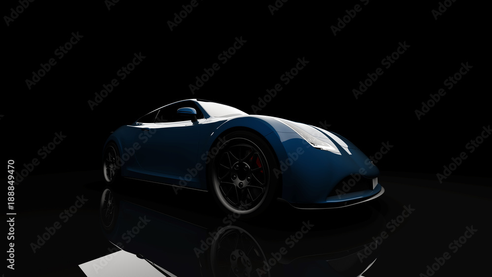 Wall mural blue sports car on black background