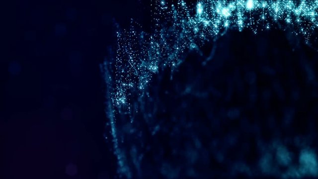 blue seamless abstract background with particles. Virtual space with depth of field, glow sparkles and digital elements. Particles form lines, surface and grid. Looped bg for HUD or space 5