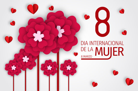 Women day background. 8 march women's day greeting card. Happy Womens Day.  Card for 8 March women's day. Abstract background womens day with spanish qoute "Dia Internacional de la Mujer".