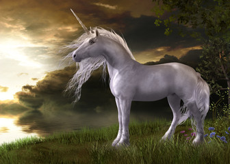 Obraz na płótnie Canvas Enchanting White Unicorn Watching a Sunset