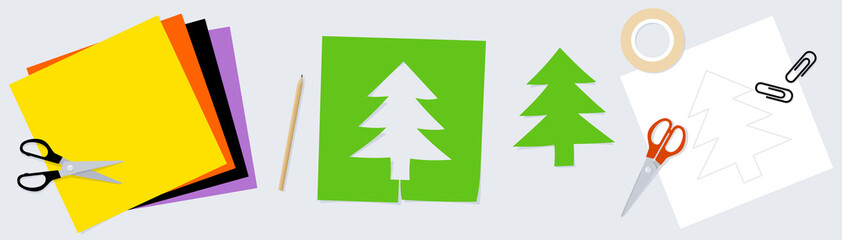 Vector banner with colored paper, pencil, adhesive line, clips, scissors and silhouette of fir tree cut out from paper