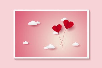 Valentines day , Illustration of love , red heart balloons flying on sky , paper art style