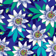 Fototapeta na wymiar Vector seamless pattern with outline tropical Passiflora or Passion flowers in blue and white, bud and leaves on the blue background. Floral background in contour style for exotic summer design.