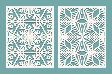 Die and laser cut ornamental panels with snowflakes pattern. Laser cutting decorative lace borders patterns. Set of Wedding Invitation or greeting card templates.
