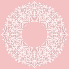 Zenart round frame with pattern from leaves. Lace carved figure on pink background. Pattern suitable for laser cutting, plotter cutting or printing.