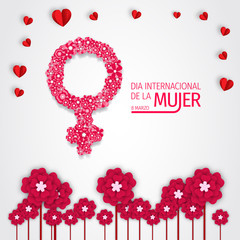 Women day background. 8 march women's day greeting card. Happy Womens Day.  Card for 8 March women's day. Abstract background womens day with spanish qoute 