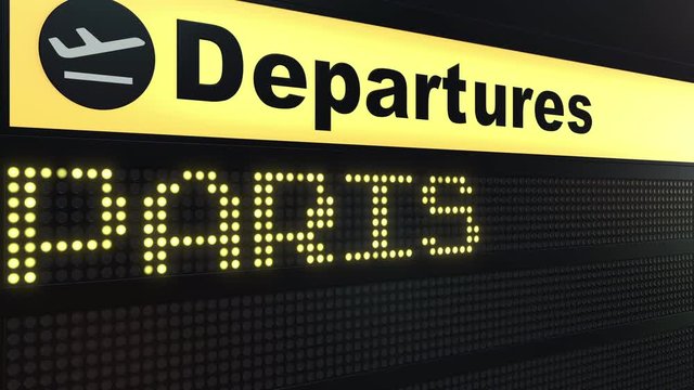 Flight to Paris on international airport departures board. Travelling to France conceptual intro animation