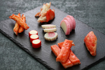 variety of surimi products, imitation crab sticks, japanese food