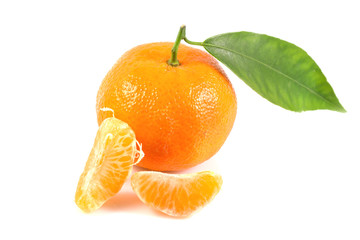 Fresh tangerines oranges with leaves isolated on white background, Healthy fruits, with a clipping path Top view.