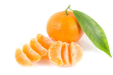 Fresh tangerines oranges with leaves isolated on white background, Healthy fruits, with a clipping path Top view.