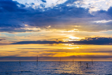 Fototapeta na wymiar Abstract yellow sky, hidden red sun behind bright blue purple clouds, silhouettes of birds on sticks with wire sticking out of the water. Beautiful colorful sunset on the Black Sea, Sochi, Russia.
