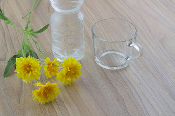 Close-up picture of a empty glass of water, bottle water and flowers on the wood table in natural background.