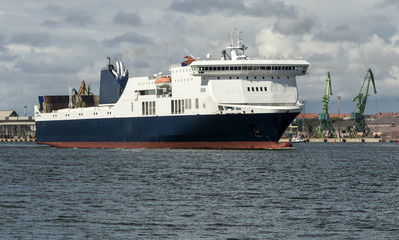 Marine ferry in the background of the port waters