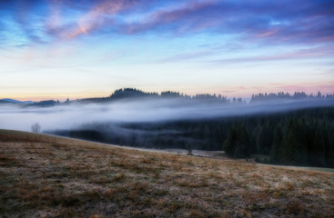 foggy morning. a picturesque autumn dawn in the Carpathian Mountains