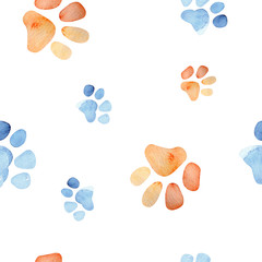 Watercolor cute isolated cat and dog footprints ilustration. Nursary art design. Animal eamless pattern with footstep