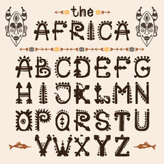 Hand drawn pattern with Tribal font typeface and mask ethnic . Capital Letters for your design, wallaper, textile, print. African culture. Fabric afro ornament. Coloful batik art. Type script. - 188858436