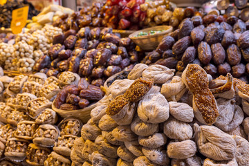 Dried mixed fruits desserts at Egyptian Bazaar in Istanbul, Turkey. 
