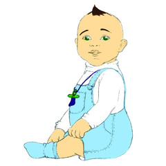 one year old Baby Boy with green eyes  dressed Blue short romper and soks has soother sit profil isoleted on white background vector illustration 