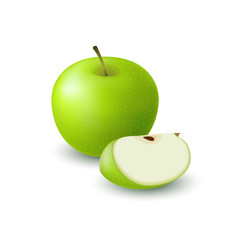 Isolated realistic colored green apple slice and whole juicy fruit with shadow on white background.