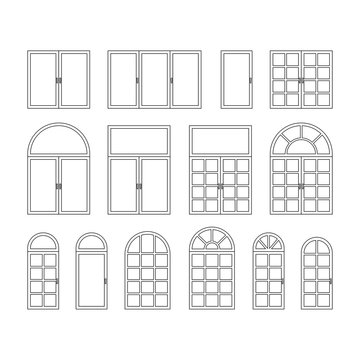 Set of various isolated line plastic windows on white background. Outlines windows collection.
