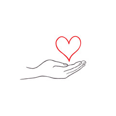 Love heart in your hand. Health care concept. Doodle line drawn heart icon