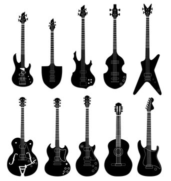 Guitar silhouette isolated. Music instruments icon vector set.