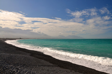 Kaikoura beach with black pebbles