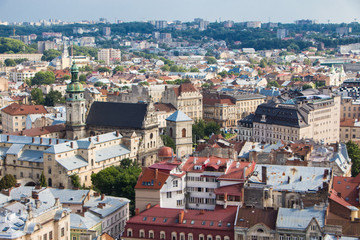 Obraz premium View to the city of Lviv from Town Hall. Aerial view on the old centre of Lviv in Ukraine. Europe.