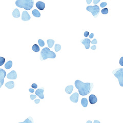 Naklejka na ściany i meble Watercolor cute isolated cat and dog footprints ilustration. Nursary art design. Animal eamless pattern with footstep