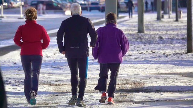 Rear view of an old people running through winter park in a sunny day in slow motion