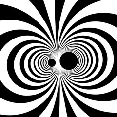 Vector abstract illustration with black and white circular shapes and circles. Concept of two particles or objects interacting.