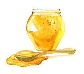 Glass jar of honey, spoon of honey isolated on white background, watercolor illustration