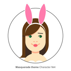 Character for masquerade party theme, costume with rabbit ears. Colored avatar. Flat cartoon style.
