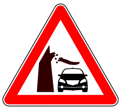 sd61 Schild-Dreieckig - german: Hinweis Zeichen - Achtung - Umst&uuml;rzende B&auml;ume und herabfallende &Auml;ste / Parkplatz - english: warning - falling trees and falling branches / car - triangle red xxl g5817