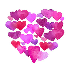 Fototapeta premium Pattern with red, pink and violet watercolor hearts. romantic design. Isolated on white background. Hand painted brush elements. Modern and teen. Love sign. Valintine Day symbol.