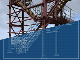 Model metal industrial staircase. Drawing blueprint. Shiny metal fence, yellow stairs, and brown columns and beams. Engineering and industrial background. 3D rendering.