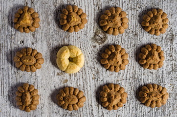 Homemade brown and yellow tasty tea biscuits - top view