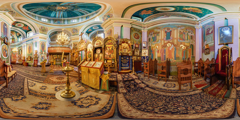 360 panorama view interior beautiful orthodox church. Full 360 by 180 degrees seamless panorama  in...