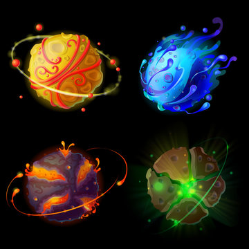 Vector cartoon fantastic planets, worlds asteroids set. Cosmic, alien space elements for game design. Illustration with fire galaxy with volcanic craters, stone planets with satellits and ice comet.